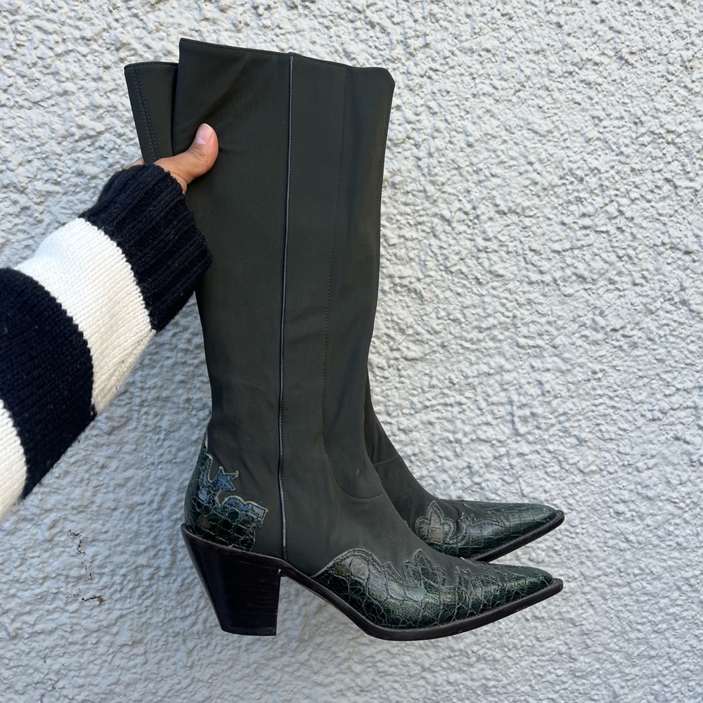 Green Heeled Boots with Textured Finish